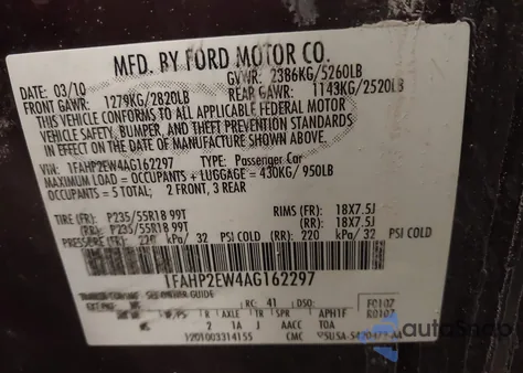 2010 Ford Taurus Sel z USA, uszkodzony, nr VIN 1FAHP2EW4AG162297